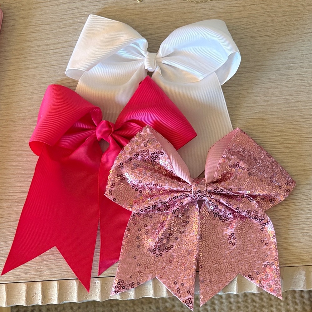 Super cute Set of Three Cheer Bows - White, Pink, and Pink Sequin
